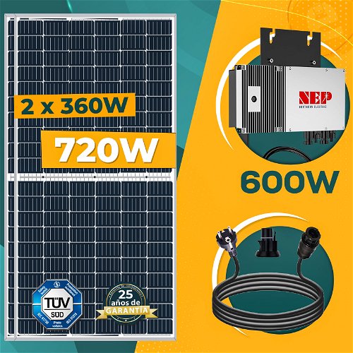 720W Kit Solar Completo - NEP 600W Microinversor + 2x Paneles Solares Monocristalinos de 360W - Kit solar de balcón