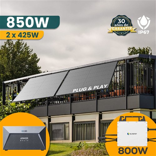 850W Kit solar con bateria - 2x 425W fotovoltaica paneles solares + 800W WIFI Inversor + 1.6kWh almacenamiento de energía + montaje - Plug and Play Sistema solar