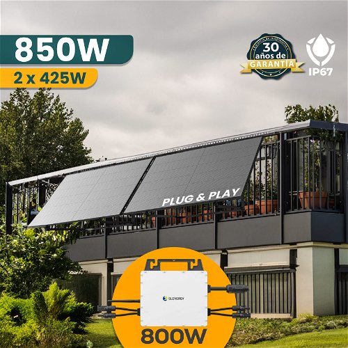 850W Kit solar de autoconsumo para balcón- 2x 425W fotovoltaica paneles solares + 800W WIFI Inversor + montaje - Plug and Play Sistema Solar