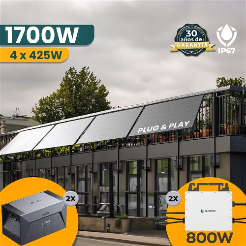 1700W Kit solar con bateria - 4x 425W fotovoltaica paneles solares + 2x 800W WIFI Inversor + 2x 1.6kWh almacenamiento de energía + montaje - Plug and Play Sistema Solar