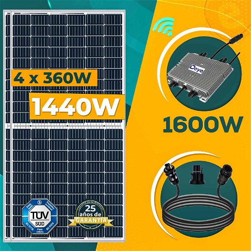 1440W Kit Solar Completo - DEYE 1600W WIFI Microinversor + 4x Paneles Solares Monocristalinos de 360W - kit solar de balcón